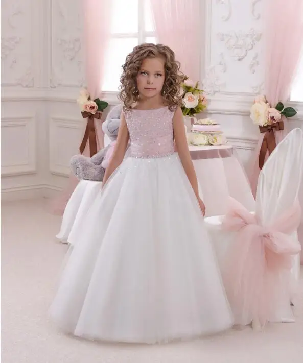 

New Princess White Pink for Girls First Communion Dress Pageant Gown Rhinestone Tulle 2018 New Arrival Flower Girl Dress Custom