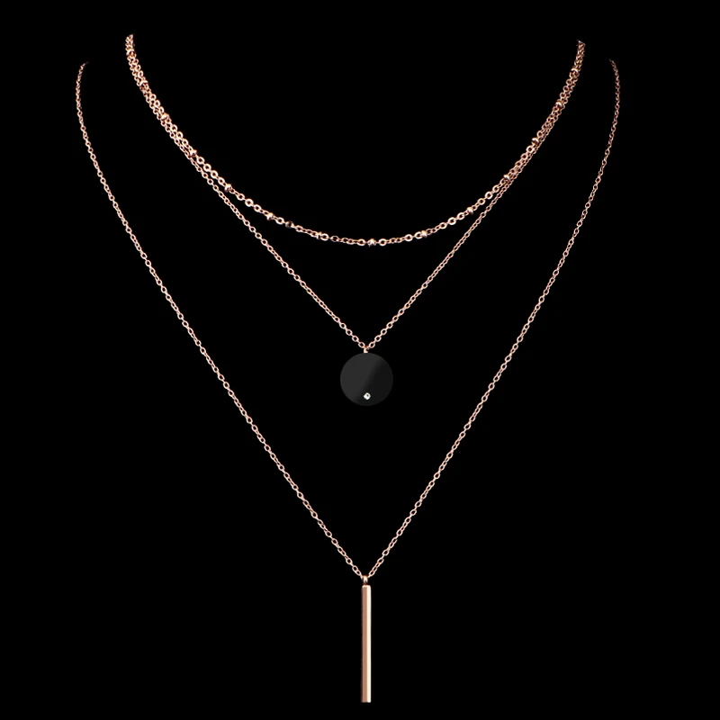 ROSE GOLD Olowu Для женщин богемные Стиль 3 мульти-Слои колье Цепочки и ожерелья покрытие розовым золотом черного цвета с круглым носком кулон Цепочки и ожерелья Нержавеющая сталь ювелирные изделия - Окраска металла: ROSE GOLD