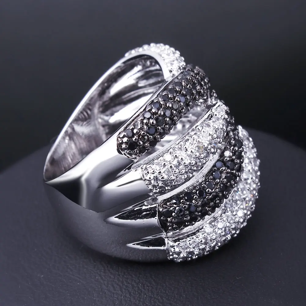 Новый большой Белое и черное кольцо Rhodium Gold цвет кубического циркония Кольца