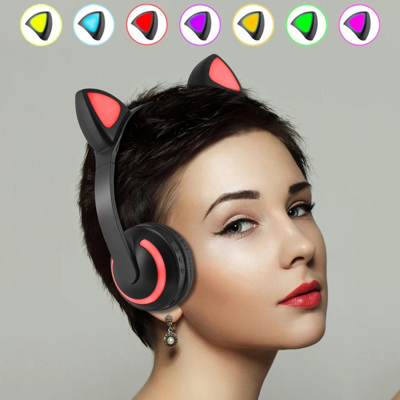 Беспроводные стереонаушники AINGSLIM с bluetooth светящиеся наушники кошачьими ушками 7