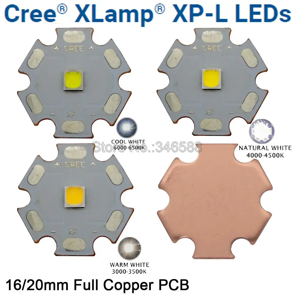 

10W Cree XPL XP-L High Power LED Emitter Light Diode Chip White Warm White Neutral White Color on 16mm or 20mm Full Copper PCB