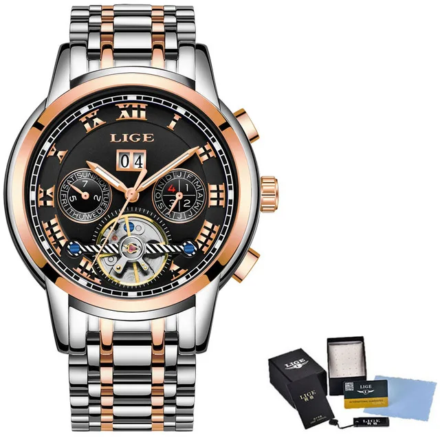 rose gold black LIGE Топ бренд класса люкс карнавал турбийон часы для мужчин нержавеющая сталь автоматическая машина Водонепроницаемый Бизнес часы relogio masculino - Цвет: rose gold black