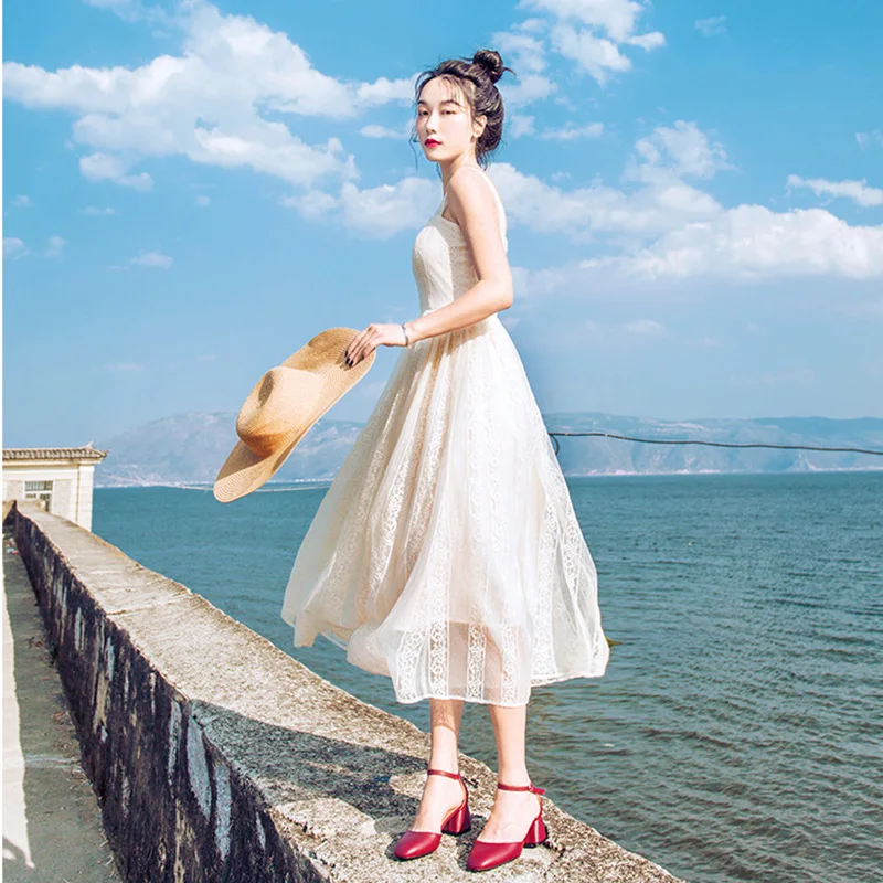 Белое кружевное платье для женщин 2019 летнее сексуальное на тонких бретельках до
