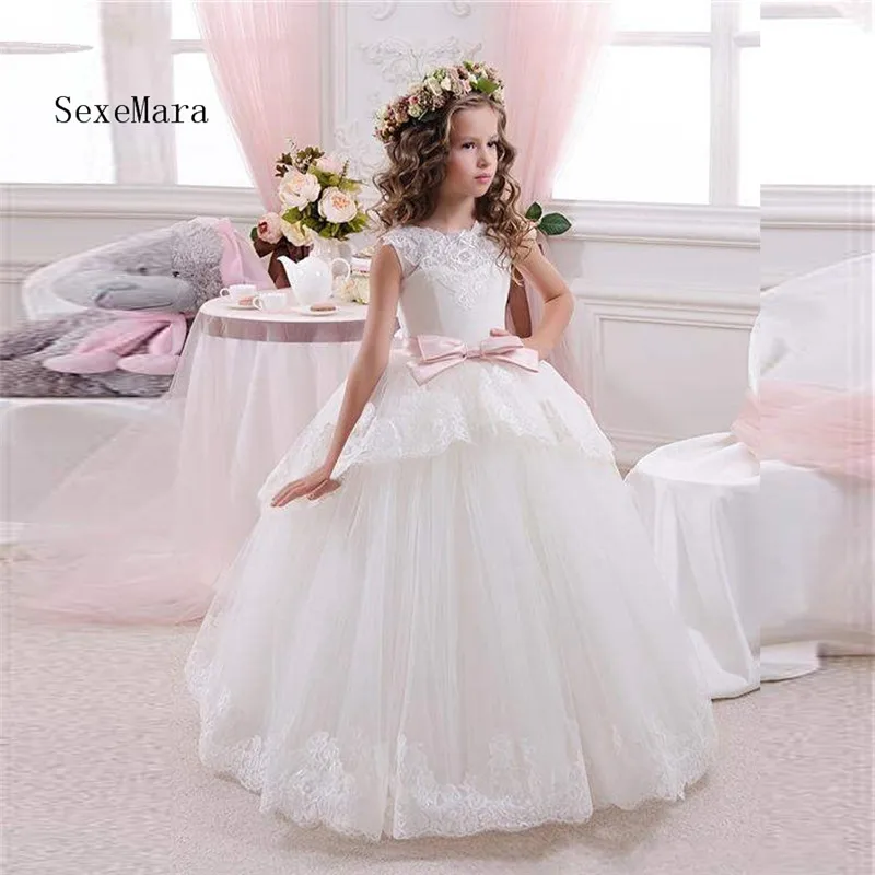 White Lace Girls First Communion Dress Ball Gown O Neck Flower Dresses for Wedding | Детская одежда и обувь