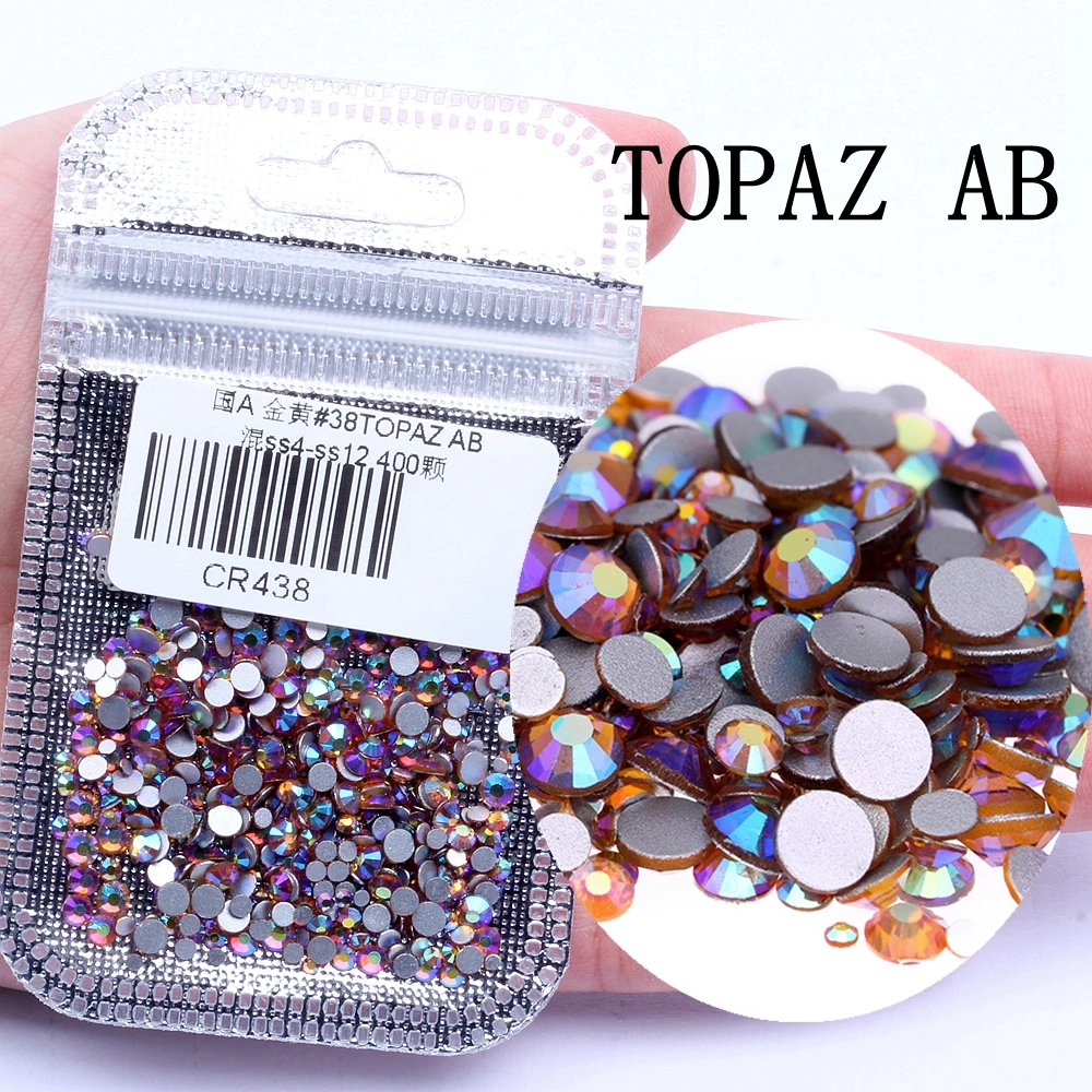 38 TOPAZ AB Стразы для нейл-арта, 60 цветов, 400 шт, микс из SS4-SS12, стеклянные стразы с плоской задней стороной, Стразы для ногтей, 3D украшения - Цвет: 38 TOPAZ AB
