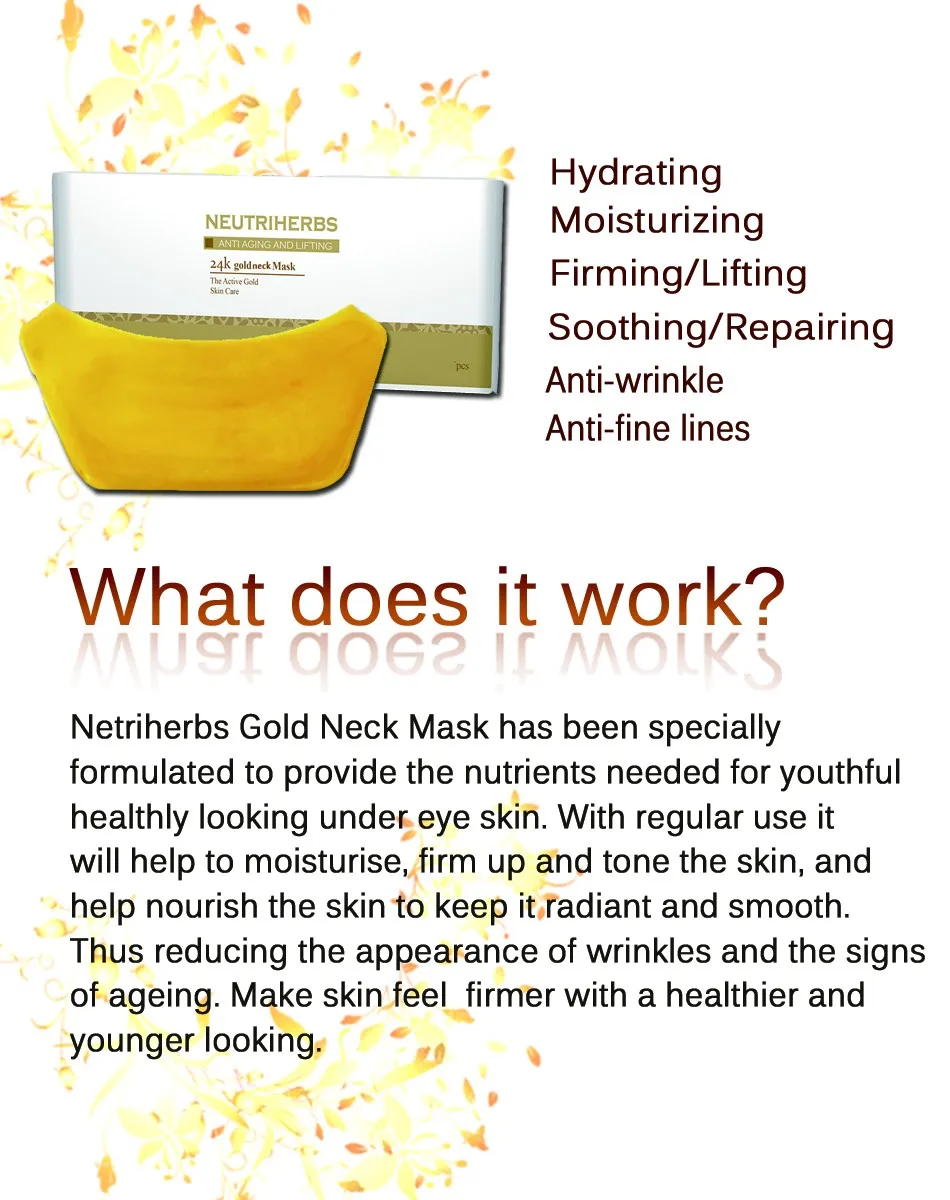 Neutriherbs 24K Золотая маска для шеи с коллагеном, Успокаивающая, отшелушивающая, увлажняющая, подтягивающая, против морщин, уход за шеей, спа 5 шт