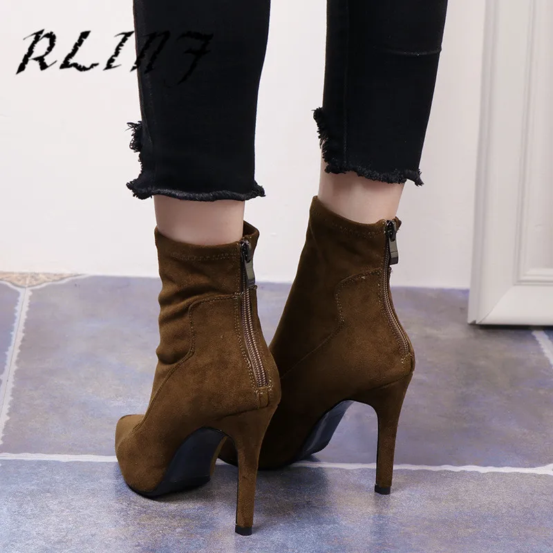 RLINF/Новые эластичные пикантные женские ботинки на высоком тонком каблуке шпильке