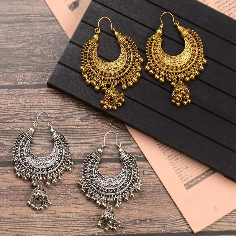 Классические этнические серьги в виде капель воды Jhumka, женские винтажные резные турецкие Серебряные Колокольчики с кисточками, индийские турецкие ювелирные изделия, Женские Ювелирные изделия