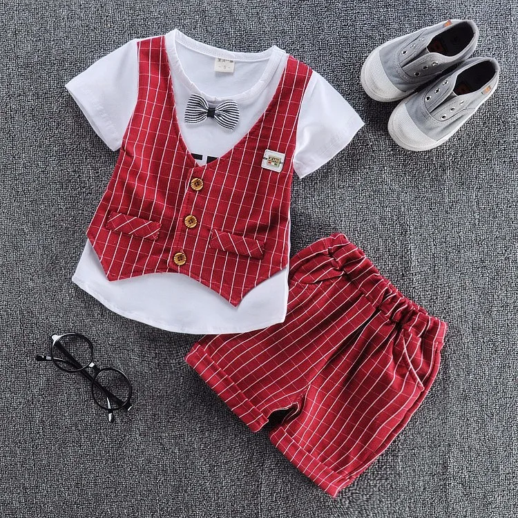 BBYZ3kou Red Летняя детская хлопковая одежда для маленьких мальчиков, Детский галстук-бабочка, майка, футболка и шорты, 2 шт./компл. модная одежда для малышей наряды для младенцев - Цвет: BBYZ3kou Red