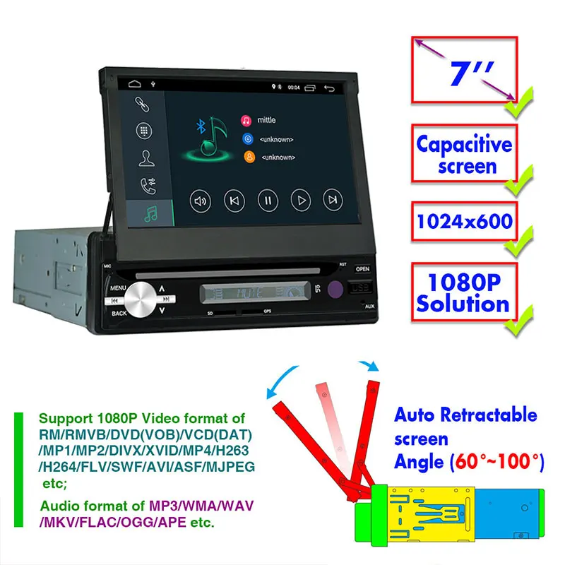 1din Android 8,1 2G+ 16G Автомобильная стерео MP5 " четырехъядерный gps Bluetooth зеркальная связь WiFi AM FM RDS радио автоматический выдвижной экран