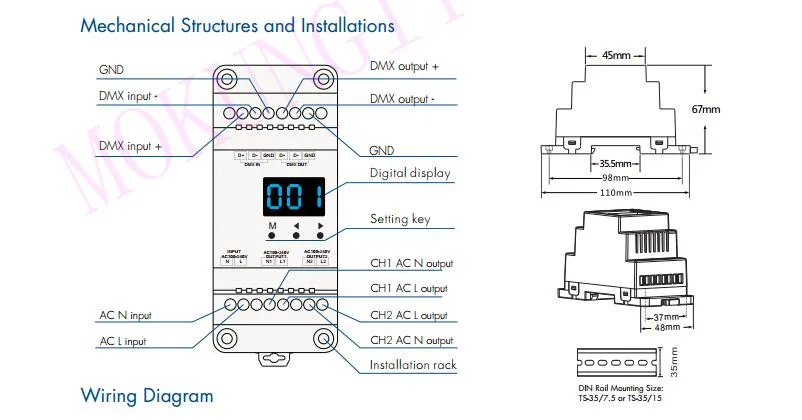 2CH* 1.2A AC фазовый диммер DMX S1-DR DMX512 декодер SCR DMX512 декодер инженерный декодер AC100V-240V din-рейка DMX 512 Диммер