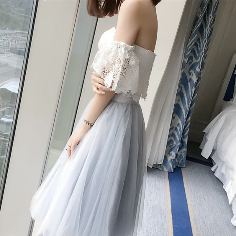 Two Pieces White Lace And Grey Tulle Sweetheart Short Sleeve Off The Shoulder robe de soiree Abendkleider Party Dress One-piece | Женская