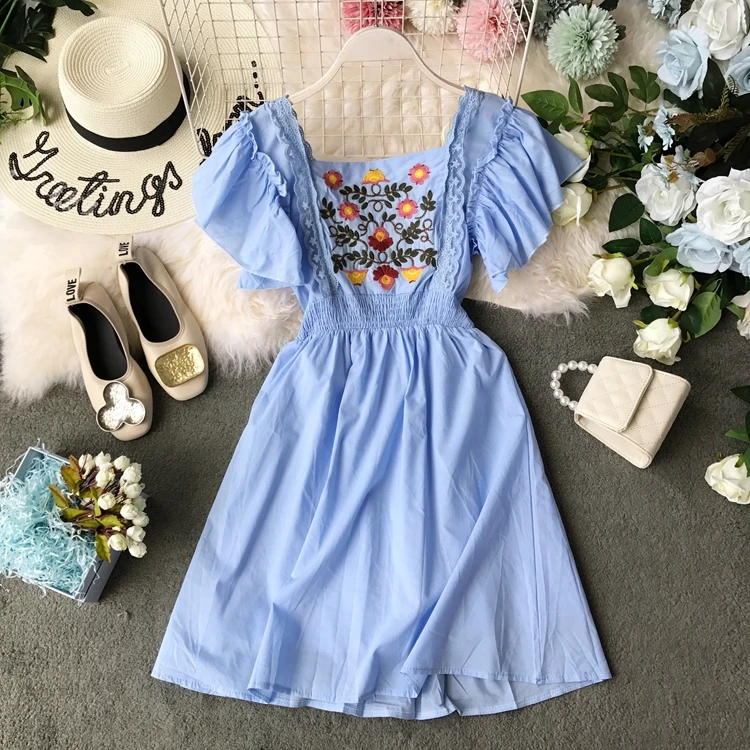 ALPHALMODA милое летнее платье с цветочной вышивкой, женское эластичное тонкое платье с завышенной талией и расклешенными рукавами, ТРАПЕЦИЕВИДНОЕ Повседневное платье