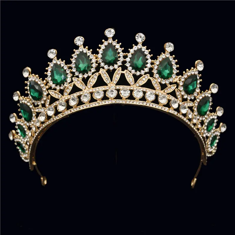 Gold Green Барокко металлический горный хрусталь Кристалл головная повязка тиара невесты корона Роскошные ювелирные изделия на волосы свадебные корейские украшения для волос - Окраска металла: Gold Green