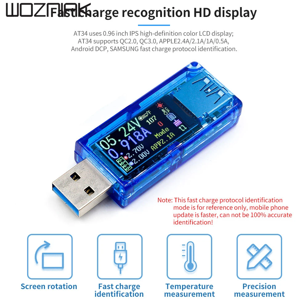 AT34 USB 3,0 цветной ЖК-тестер напряжения тока ЖК-дисплей USB зарядное устройство Тестер измеритель мощности Детектор мобильного аккумулятора