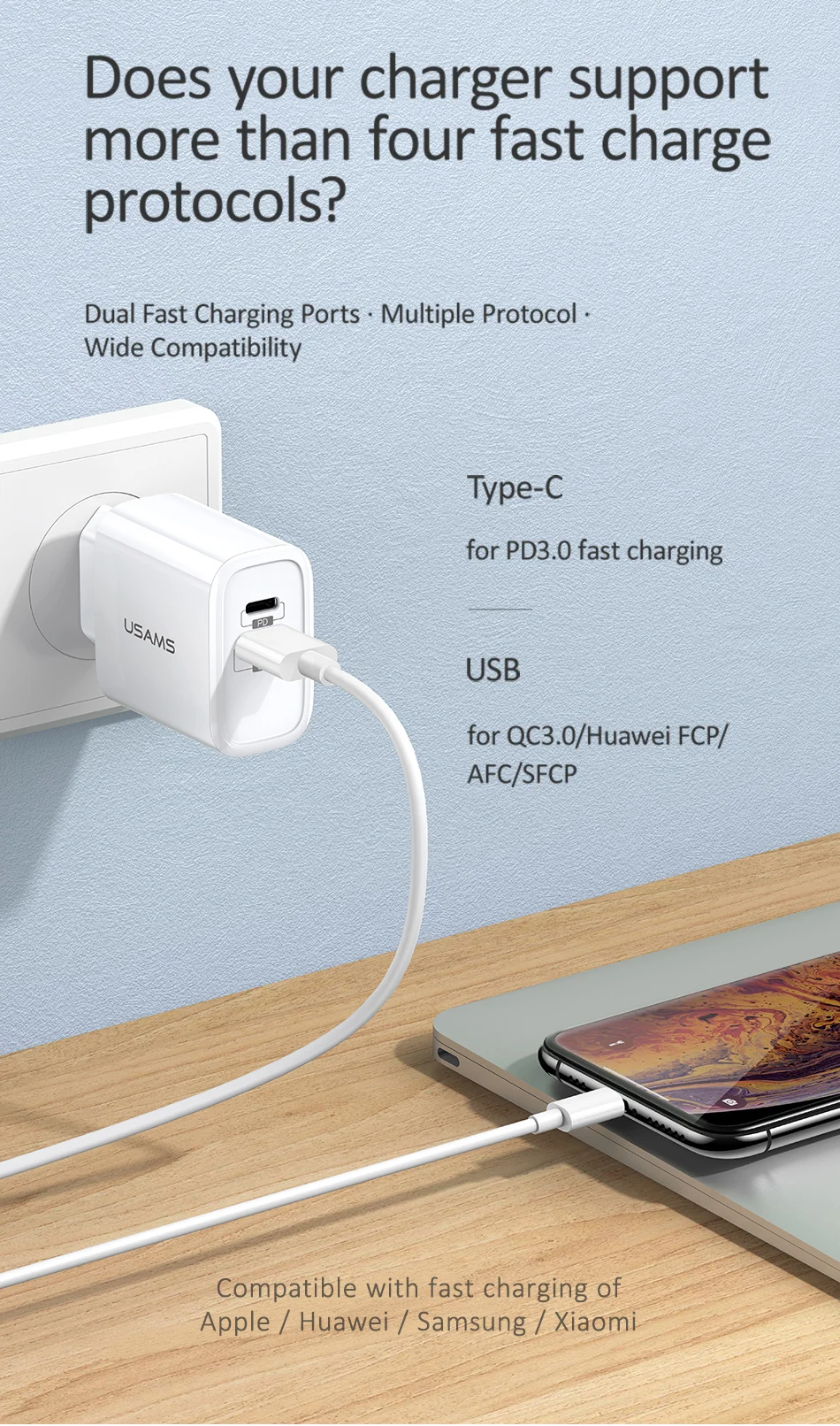 USAMS Быстрая зарядка QC3.0 PD3.0 USB зарядное устройство для iPhone X ЕС США штекер мобильного телефона быстрое зарядное устройство для samsung один USB настенный заряд