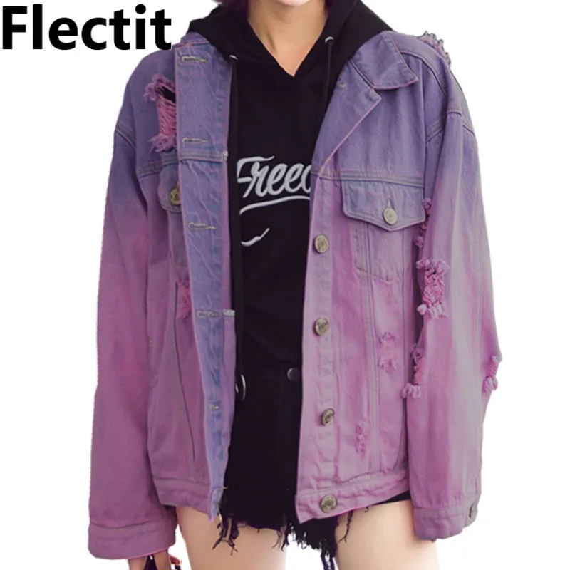 Faded Purple Флисовая джинсовая куртка в уличном стиле Харадзюку с эффектом потертости и эффектом потертости, женская джинсовая куртка фиолетового цвета с потертостями, женская джинсовая куртка гранж - Цвет: Faded Purple