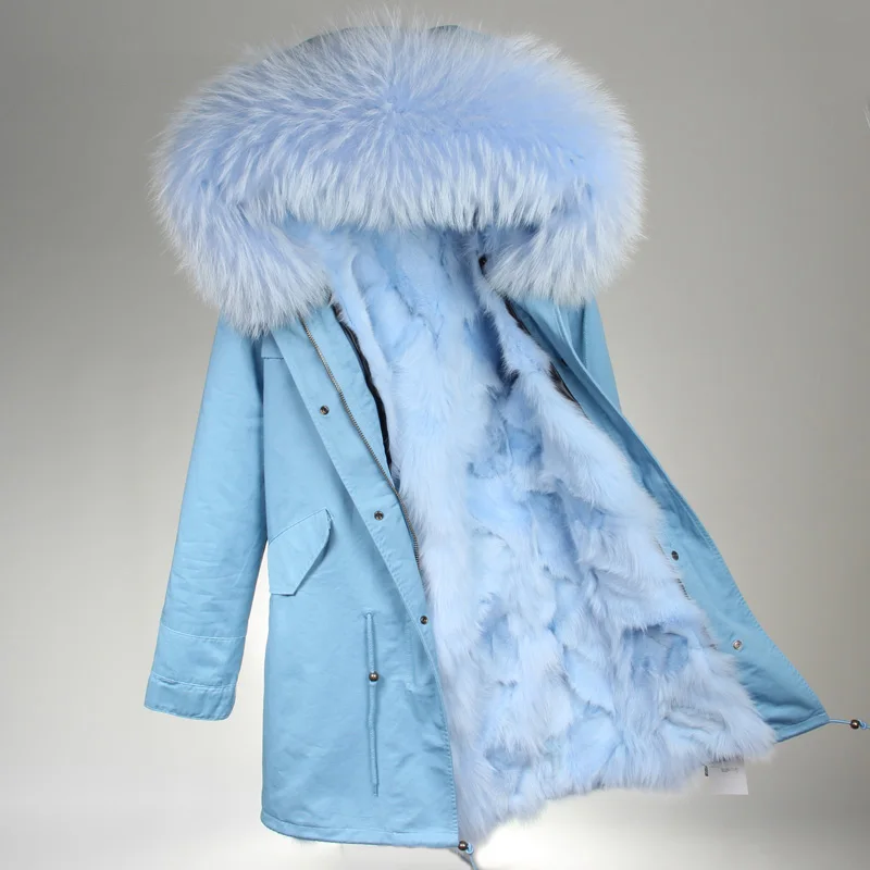 sky blue MAOMAOKONG; большие размеры; зимние сапоги на натуральном лисьем меховые парки мороженое опушка из лисьего меха длинная куртка пальто mujer для Для женщин - Цвет: sky blue