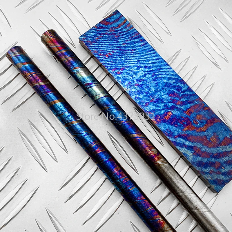 Roasted Blue Titanium EDC Material Damascus Steel Round Bar 400X14mm Twist Pattern Damascus Plate 160X40X8.5mm Jewelry Material