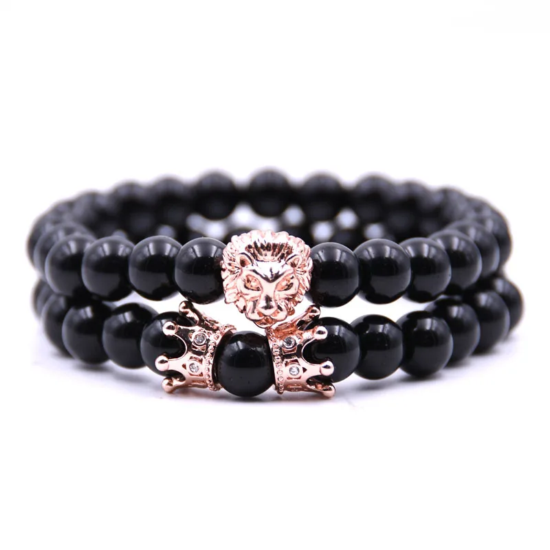 B317RoseGold 2 шт./компл. горячего пара браслет Натуральный камень браслет из бисера цвета: золотистый, серебристый корона браслет для Для мужчин Для женщин подарок браслеты с подвесками ювелирные изделия - Окраска металла: B317RoseGold