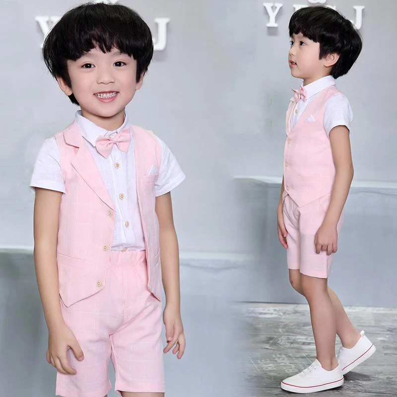 New Boys Summer Formal Vest Shirt Shorts 3Pcs Set Waistcoat Suit Children England Style Wedding with Bowtie for F045 |