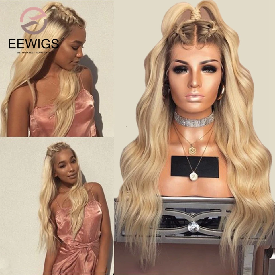 EEWIGS Ombre блонд парик на кружеве с коричневыми корнями Glueless термостойкие Свободные волны косплей синтетические парики для черных женщин
