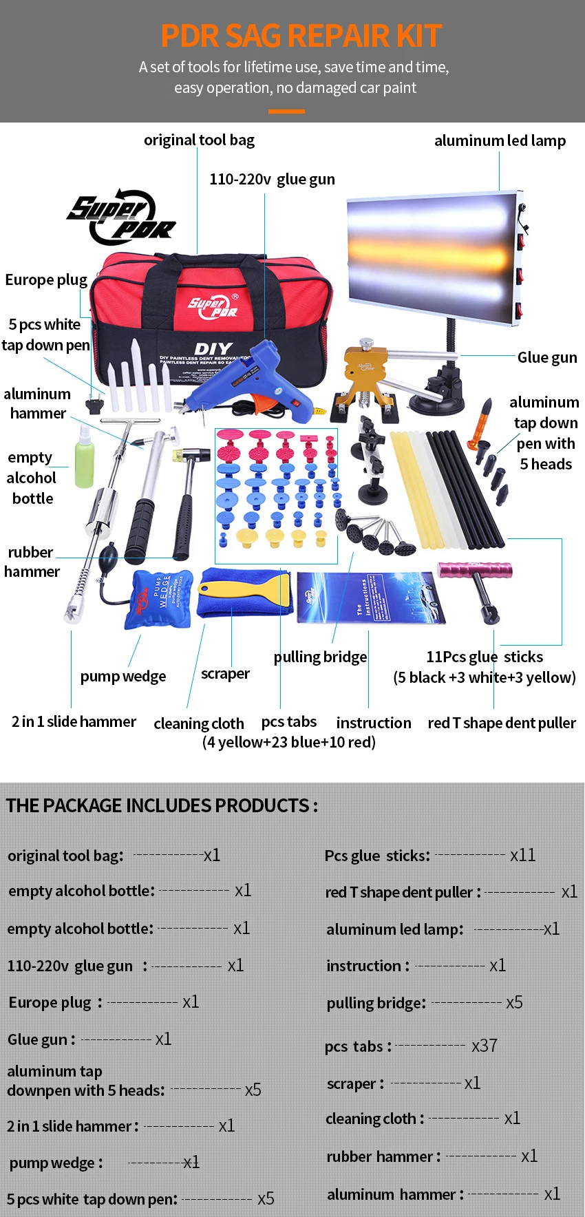 Super PDR Slide Hammer Rubber Hammer Glue Gun Glue Sticks Tap Down Pen LED Line Board Car Body Dent Damage Repair Tools Auto