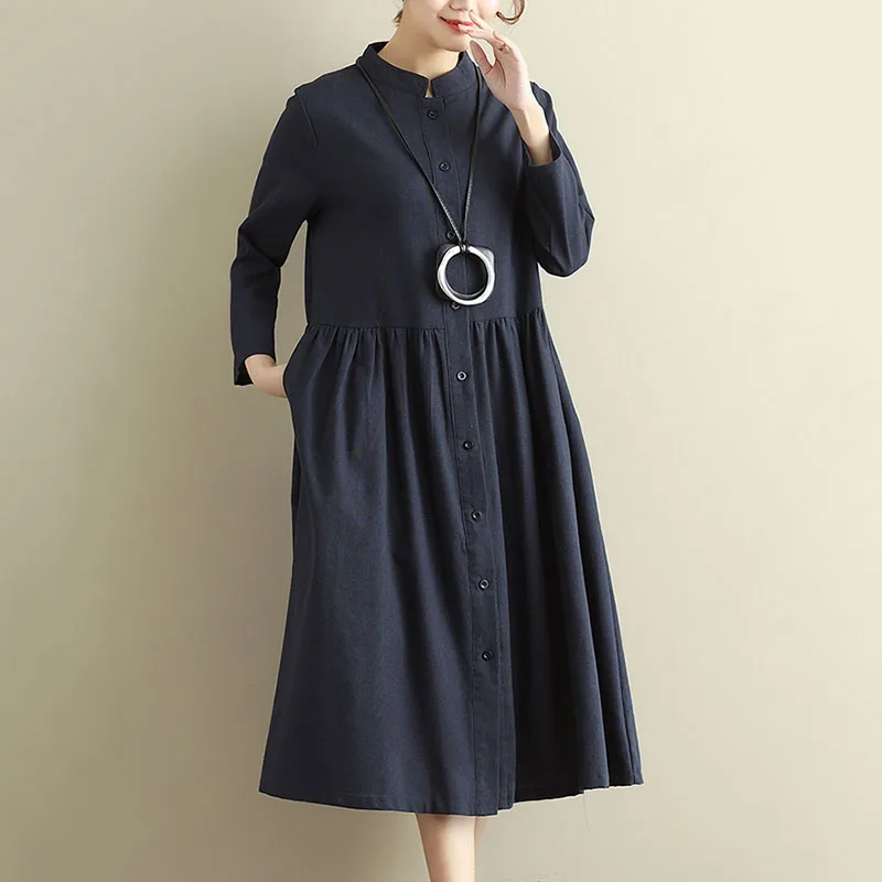 

2019 Spring new Loose Linen A-Line dress women vintage Long sleeve Pockets Mid-Calf dress Solid color Stand dress women