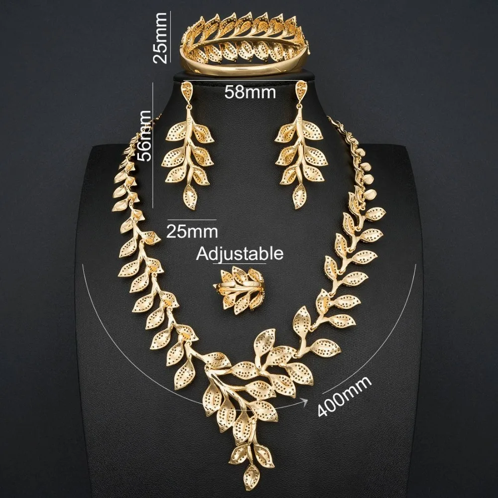 ModemAngel изысканный листья кубического циркония камни золото Цвет для женщин Свадебные цепочки и ожерелья серьга-браслет набор колец