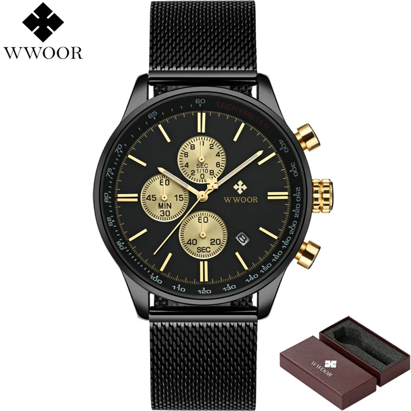 Black Gold WWOOR Спортивные кварцевые мужские часы водонепроницаемые мужские часы из нержавеющей стали Роскошные повседневные мужские часы relogio masculino - Цвет: Black Gold