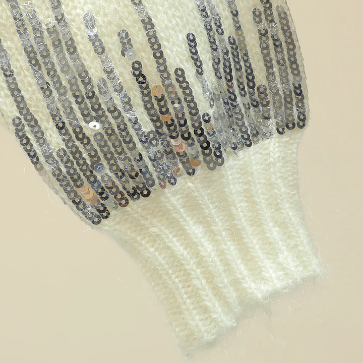 Pullover women bf style V-neck solid color sequin stitching long-sleeved sweater 2018 autumn new jumper white top | Женская одежда