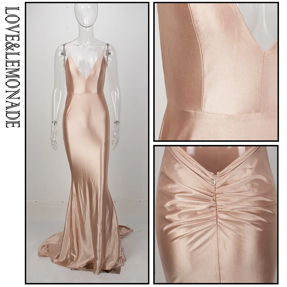 

LOVE&LEMONADE Nude Deep V-Neck Open Back Slim Flash Material Long Dress LM81222