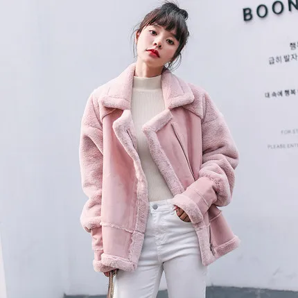 Pink Повседневные женские зимние куртки размера плюс из замши и овечьей шерсти, новинка, теплые пальто из искусственной кожи с отворотом, модные кашемировые пальто - Цвет: Pink