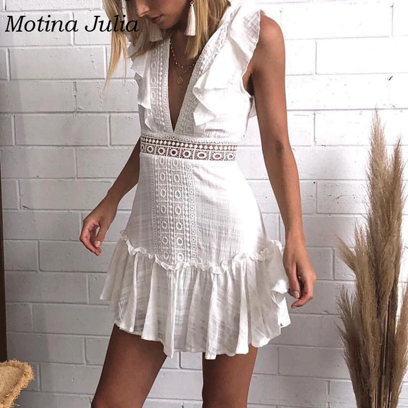 Motina Julia сексуальное кружевное платье вязаное крючком Глубокий v образный вырез