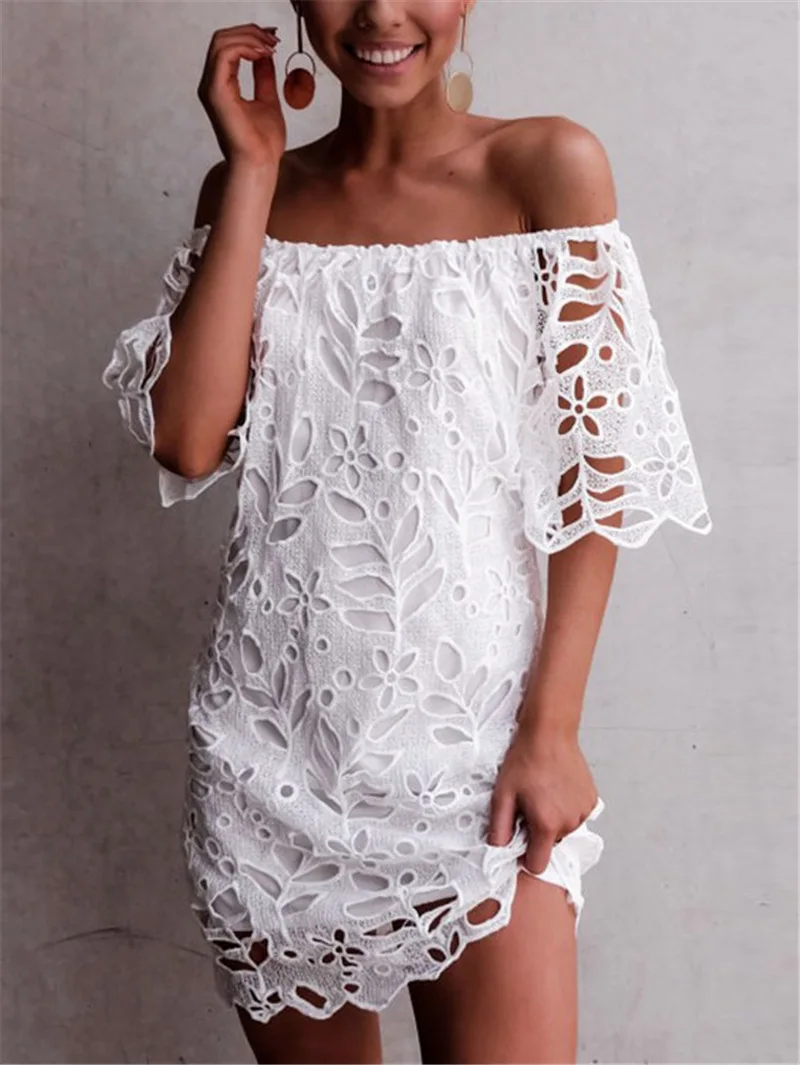 Белое кружевное платье с открытыми плечами мини женское летнее Jurk Vestido Banco черное платье сексуальное Sukienki платье без бретелек