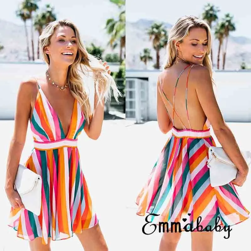 Модное женское платье без рукавов в стиле бохо с глубоким V-образным вырезом и