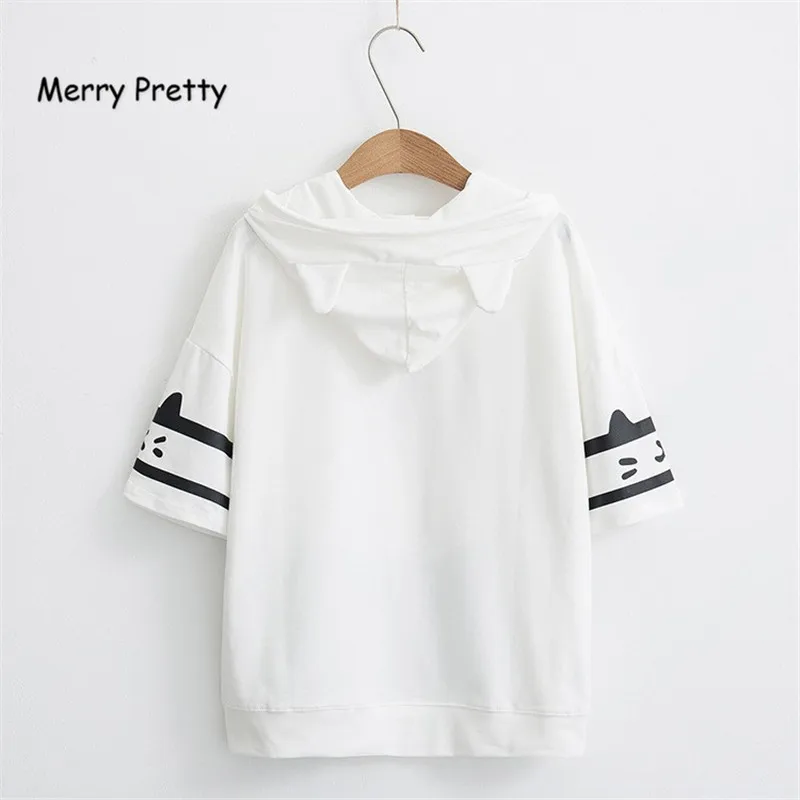 Merry Pretty футболка Женская harajuku японский стиль kawaii cat Футболка белая с капюшоном короткий рукав хлопок девушки tumblr футболки Friends