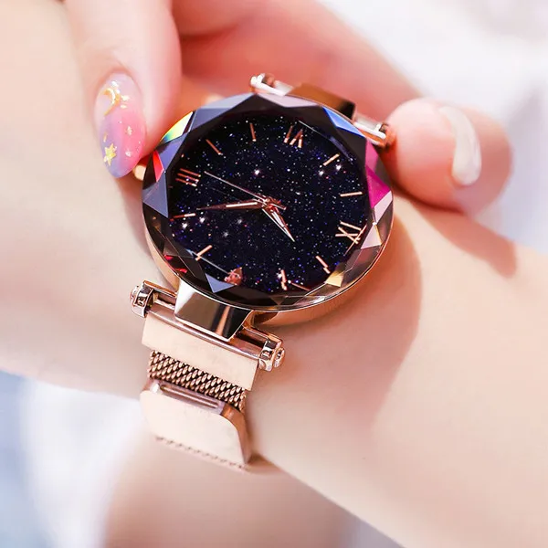 Rose Gold Женские модные часы звездного неба с магнитной пряжкой и сетчатым ремешком, кварцевые часы с бриллиантами, ЖЕНСКИЕ НАРЯДНЫЕ часы, relogio feminino - Цвет: Rose Gold