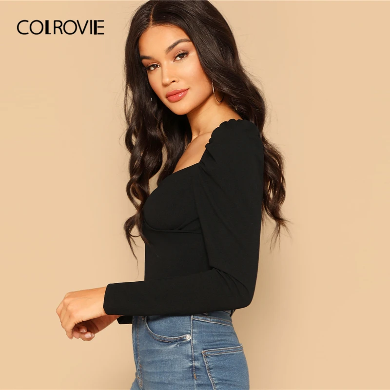 COLROVIE Black Solid Zip Back Fitted Wrap Sweetheart Elegant Blouses Women Spring Long Sleeve Shirt Sexy Office Ladies Tops