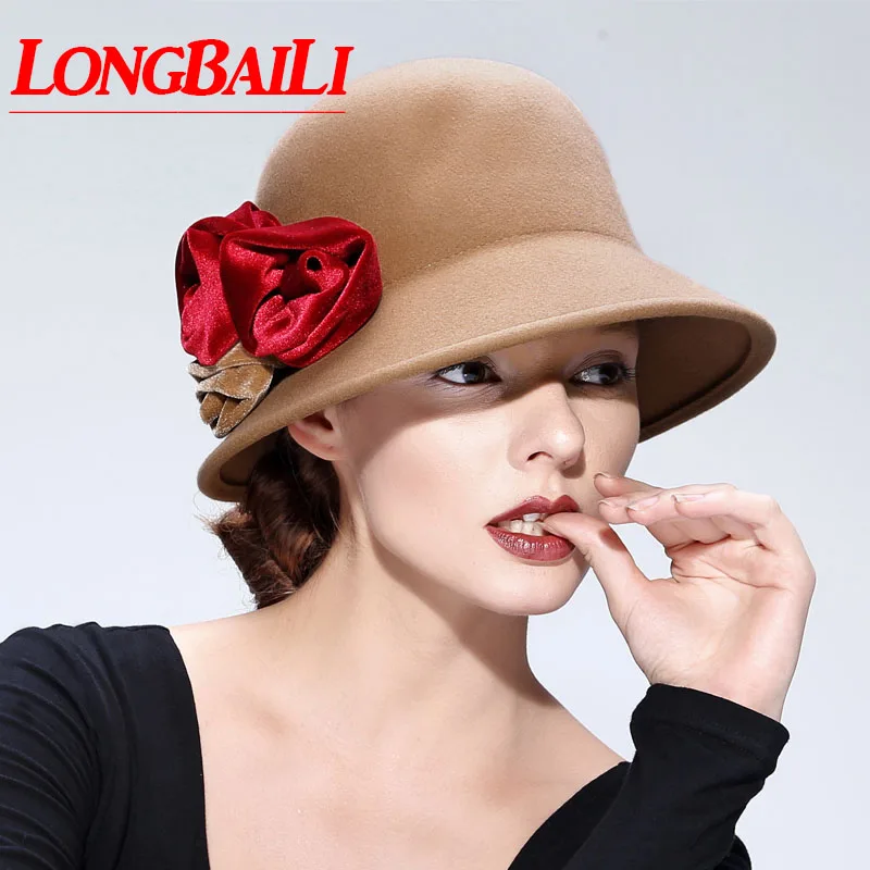 

Quality Elegant Winter Floral Wool Felt Cloche Hats Women Chapeu Fedoras Bucket Hats Female Free Shipping PWFE012