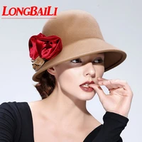 quality elegant winter floral wool felt cloche hats women chapeu fedoras bucket hats female free shipping pwfe012