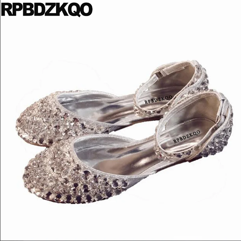свадьба Женская платье обувь Круглый носок Серебряный кристалл сандалии Bling