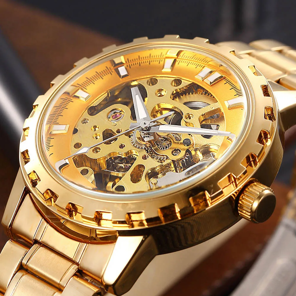 

Top Brand Men Watches Automatic Skeleton Mechanical Watch Fashion Luxury 2018 Quality Full Stainless Steel Golden Business Clock