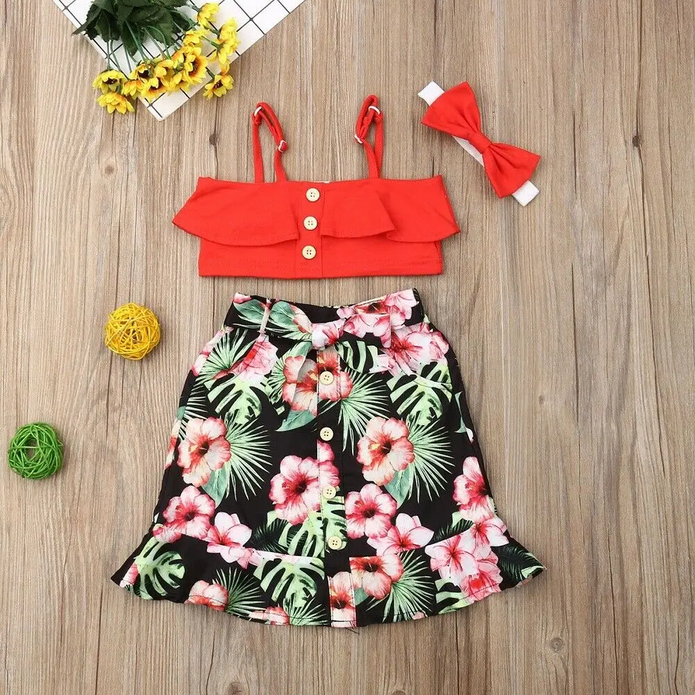 Комплекты одежды для маленьких девочек укороченный жилет топ с цветами юбка +