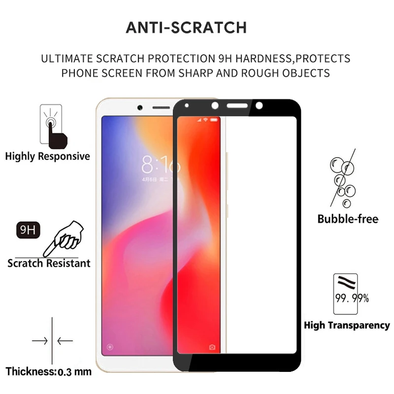 10 шт. защита для экрана закаленное стекло 100% полное покрытие XIAOMI Redmi 6 6A Защита от