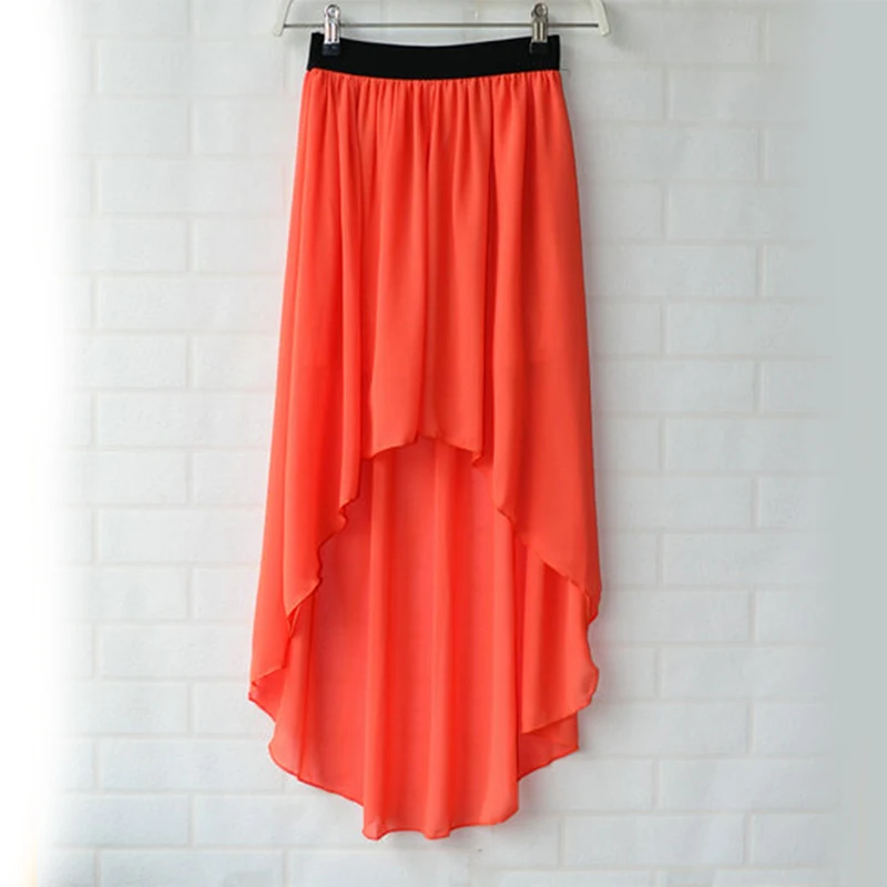 

2017 New Summer Long Women Chiffon Asymmetrical Skirts Pleated Elastic Waist Irregular Skirts Female Rainbow Color Solid Skirts