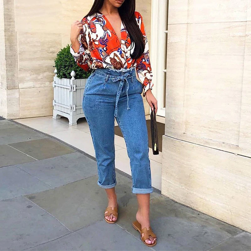 

High Waist Vintage Tassel Jeans With Belt Women Pencil Denim Pants Autumn Ankle-Length Trousers Size M-XXXL