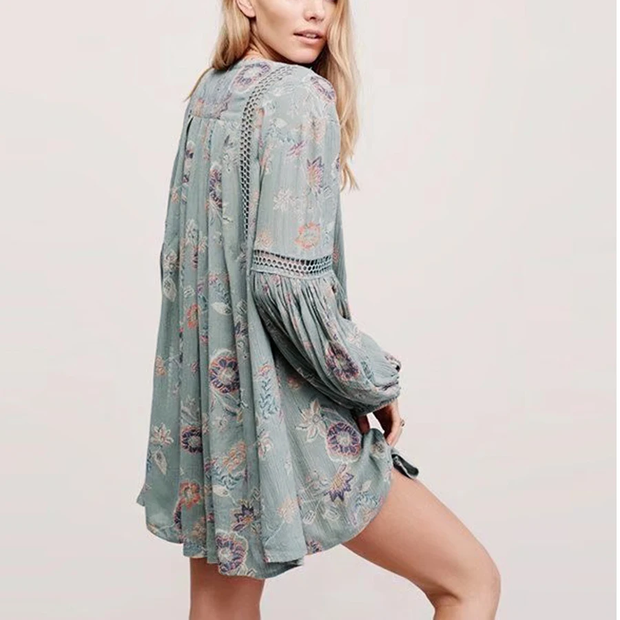 Мини-платье Boho 2018 Новый Урожай Цветочные печати Короткие платья v-образным