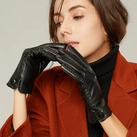 genuine leather gloves female winter warm sheepskin touchscreen plus velvet thicken fashion black driving womans gloves qz7018
