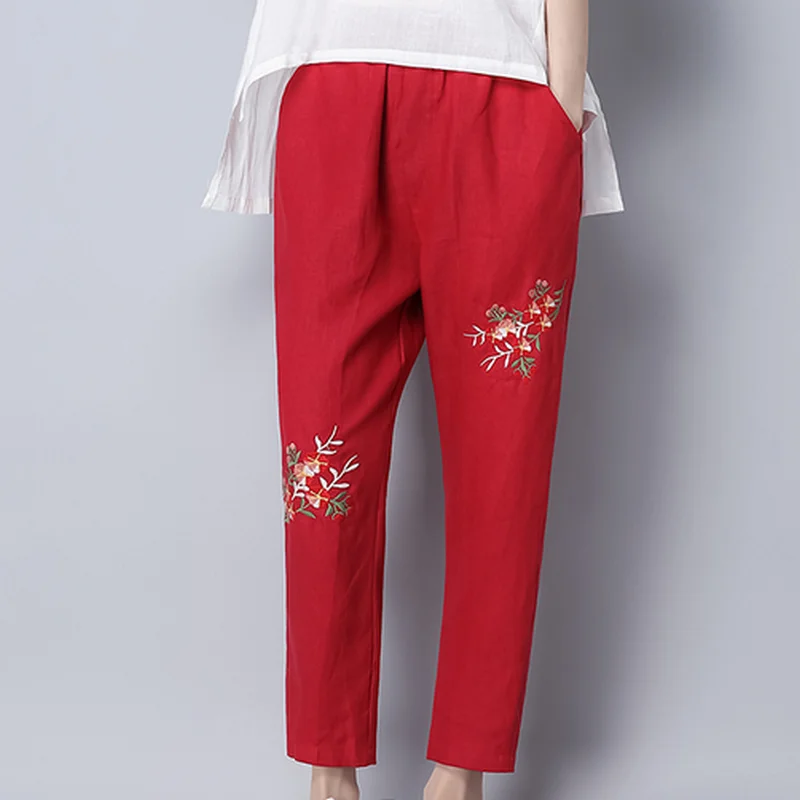 Kymakutu китайский Стиль Broderie Лен Pantalon женская одежда эластичный пояс осень Mujer с